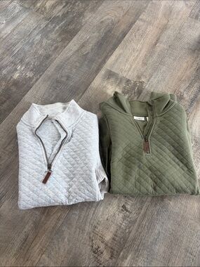 L.L. Bean Quilted Half-Zip Sweater - Olive & Light Gray